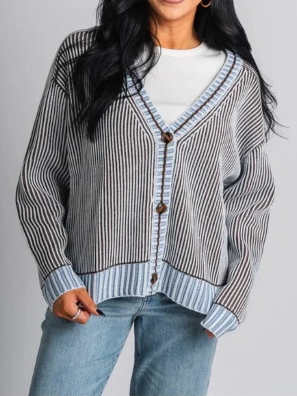 Mustard Seed Black & Light Blue Striped V-Neck Cardigan